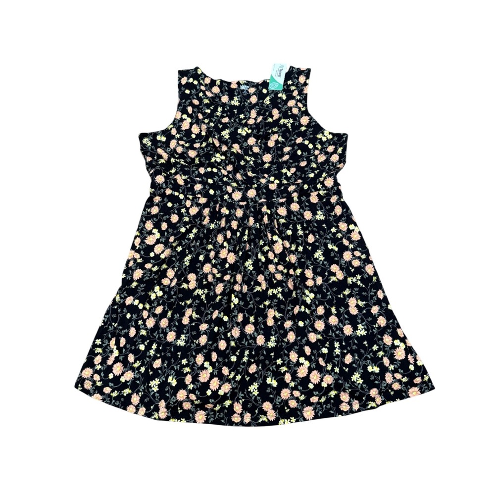 Lands End Womens 3X Floral Fit and Flare Dress Black Daisy Pockets NWT 24W-26W